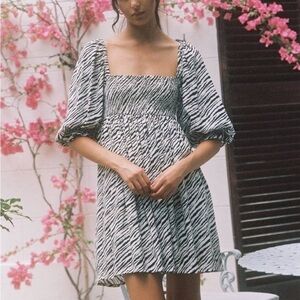 Faithfull The Brand Alina Smocked Puff Sleeve Animal Print Zebra Dress